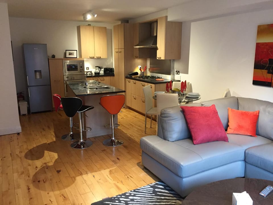 Kitchen or kitchenette, Living room, Seating area, Dining area, dishwasher, oven, stove