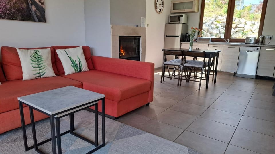 Kitchen or kitchenette, Living room, Dining area, fireplace