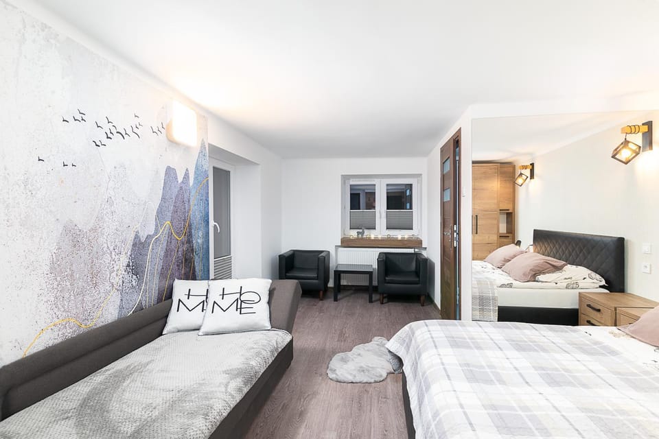 Bed, TV and multimedia, Kitchen or kitchenette, Living room, Photo of the whole room, Seating area, Bedroom
