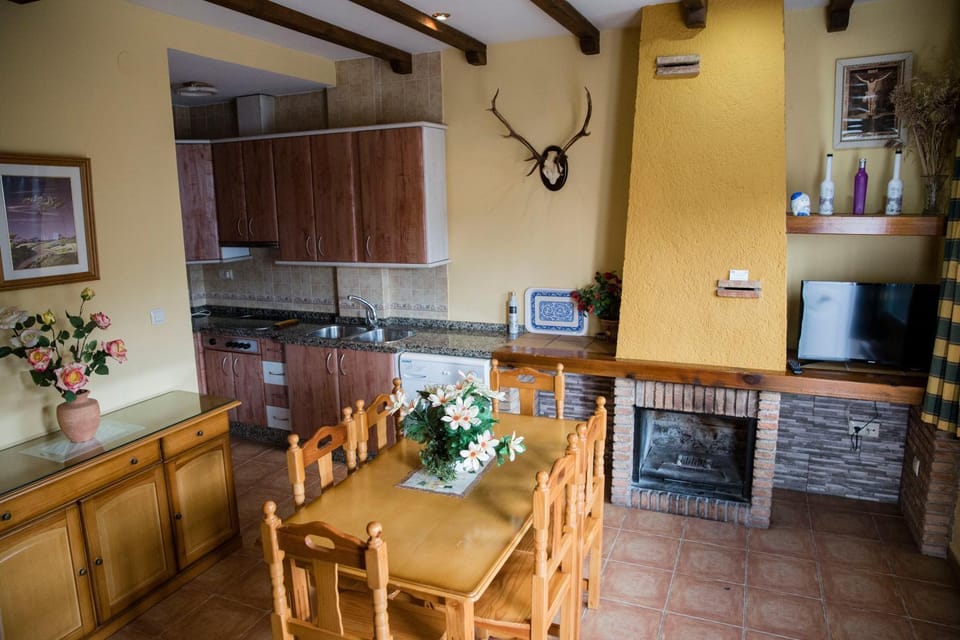 TV and multimedia, Kitchen or kitchenette, Dining area, fireplace, flat iron, stove