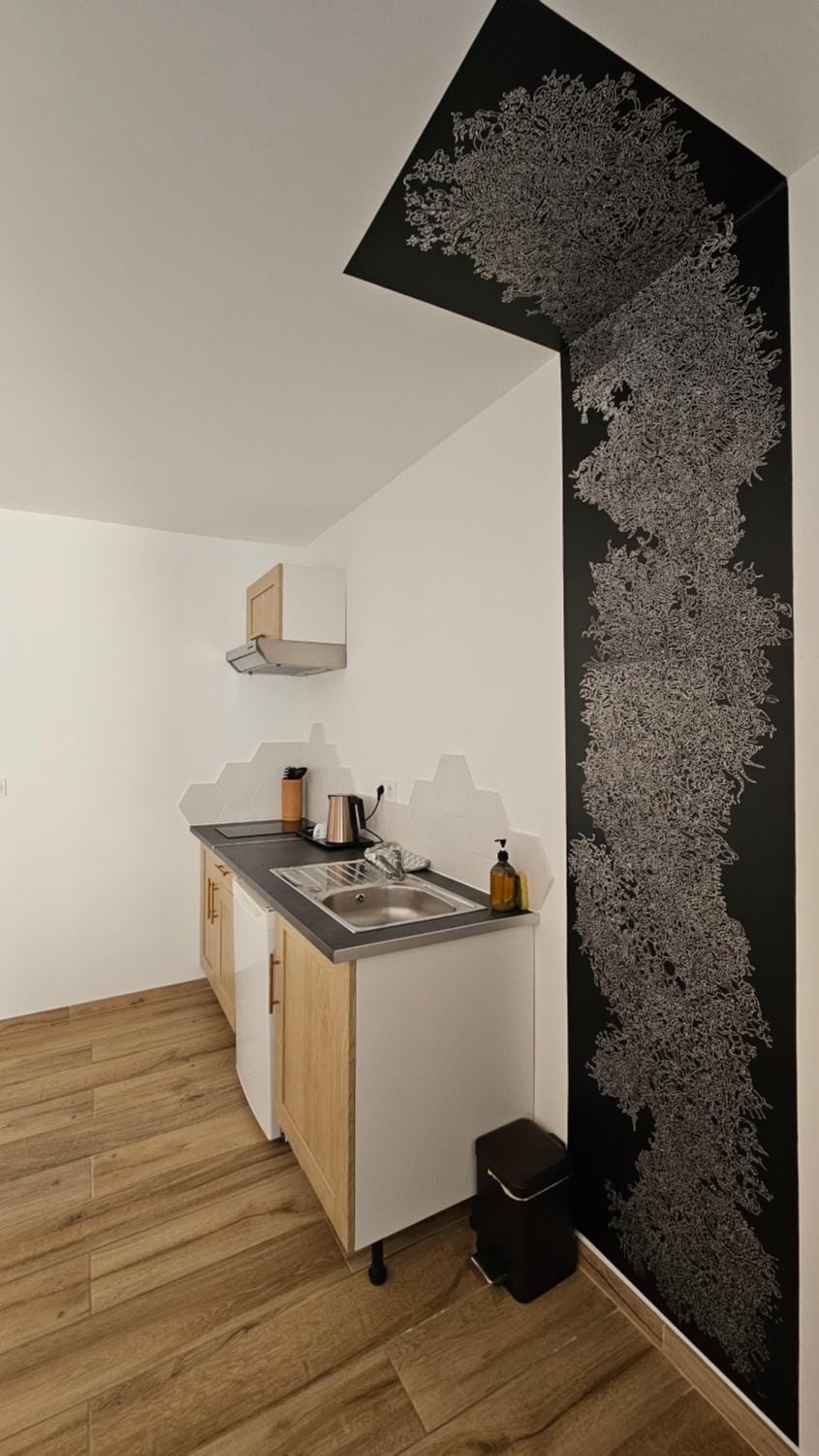 Kitchen or kitchenette, stove