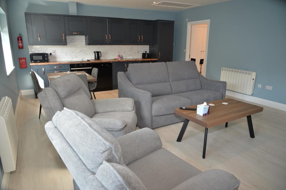 Kitchen or kitchenette, Living room, Seating area, Dining area