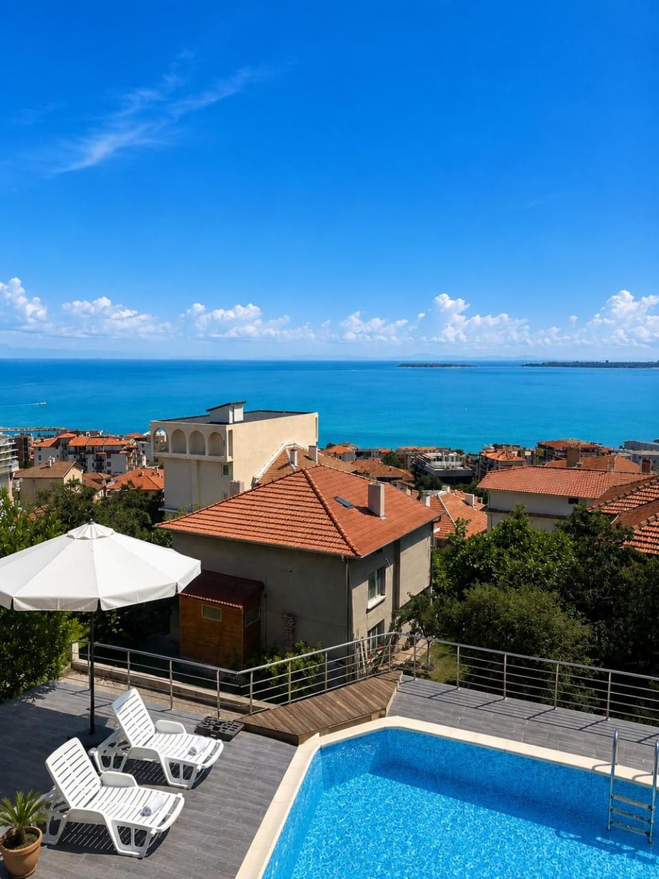 View (from property/room), Pool view, Sea view, Swimming pool, sunbed