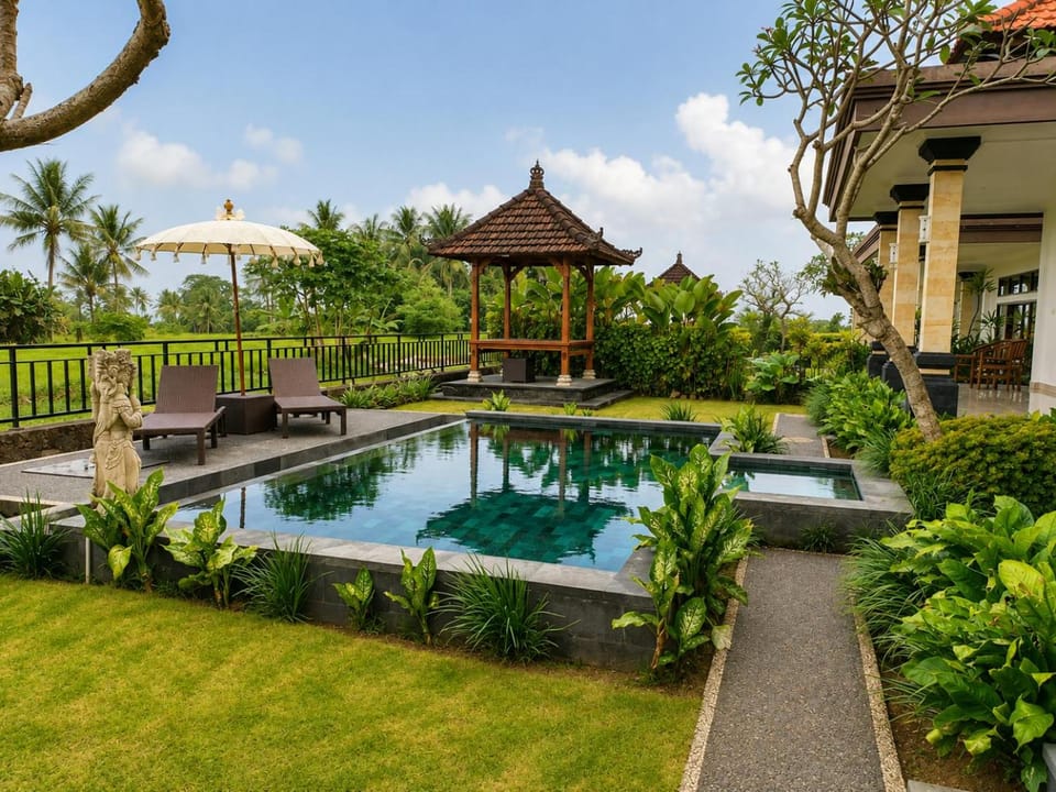 Property building, Day, Natural landscape, Garden, Garden view, Pool view, Swimming pool, sunbed