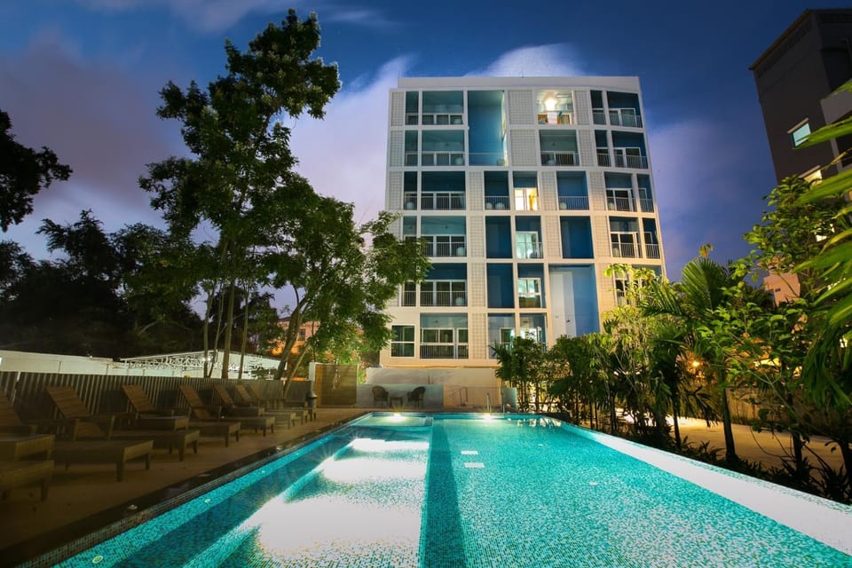 Property building, Facade/entrance, Night, Swimming pool, Swimming pool
