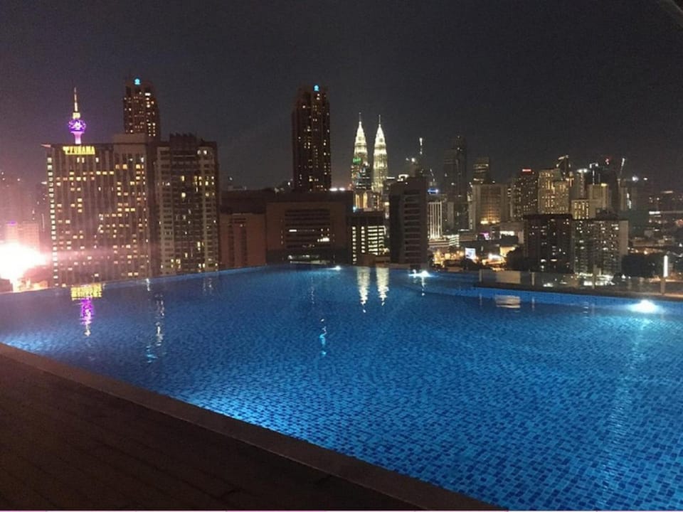 Night, City view, Swimming pool