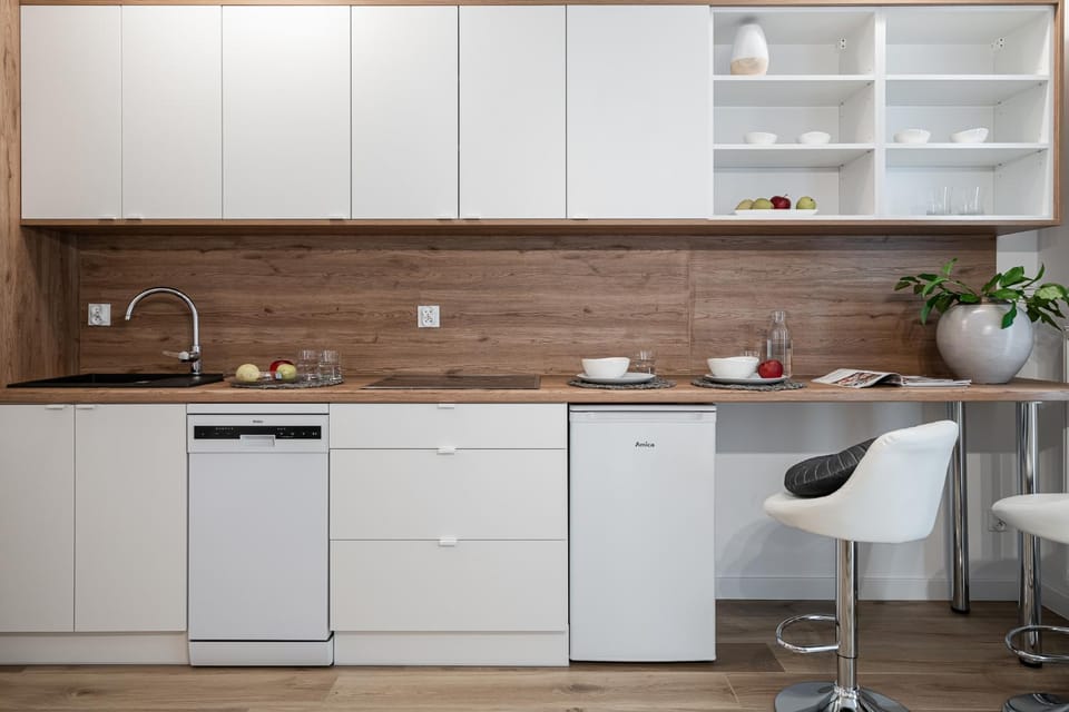 Kitchen or kitchenette, stove