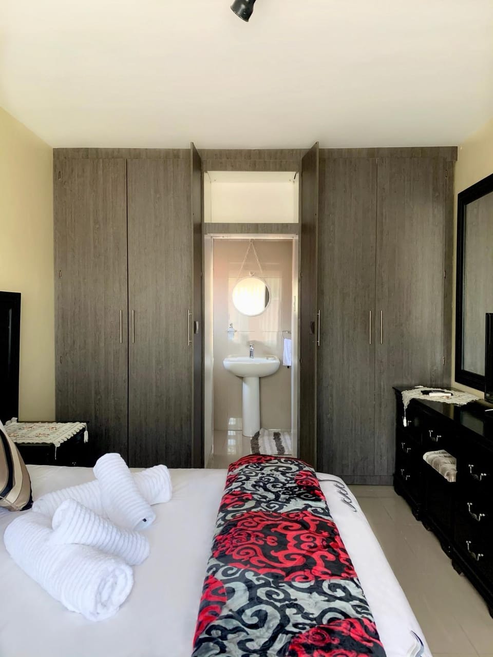 Bathroom, Bedroom, hair dresser, towels, wardrobe