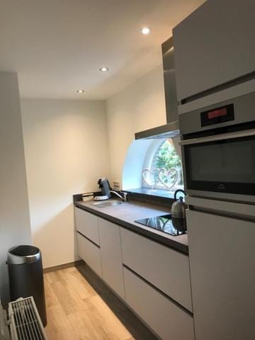 Kitchen or kitchenette, dishwasher, oven, stove