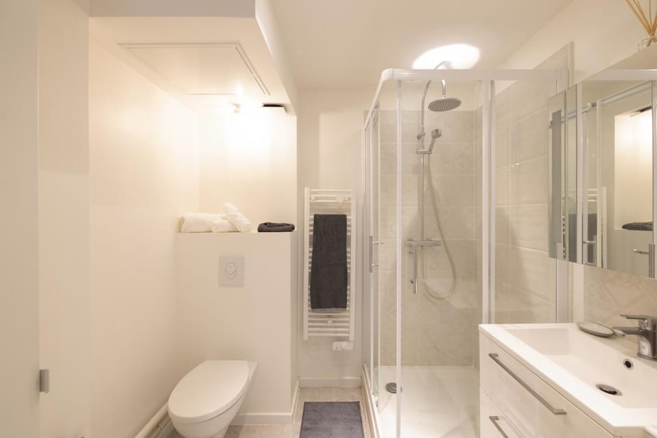Shower, Toilet, flat iron, hair dryier, towels
