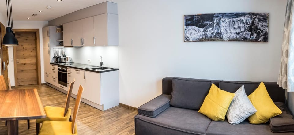 Kitchen or kitchenette, Living room, Seating area, Dining area