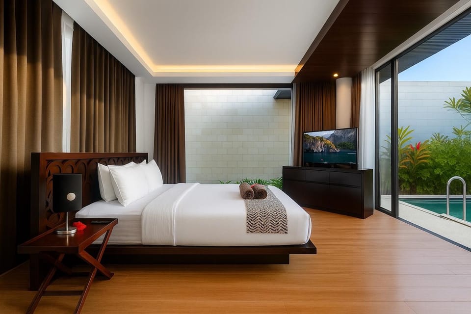 Bed, Photo of the whole room, Bedroom, Pool view, Swimming pool