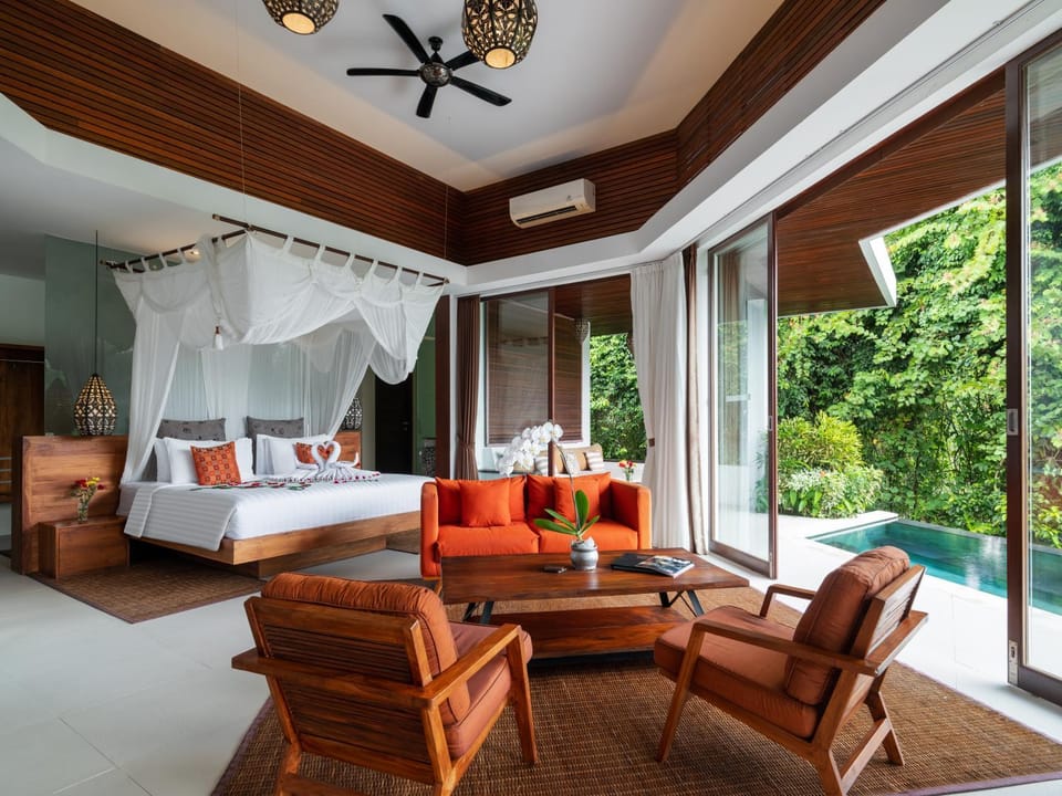 Property building, Bed, Natural landscape, Garden, View (from property/room), Balcony/Terrace, Living room, Seating area, Bedroom, Garden view, Pool view, Swimming pool, air conditioner