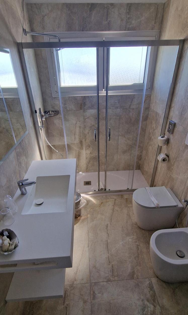 Shower, Toilet, bidet, towels