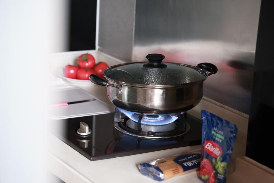 Kitchen or kitchenette, stove