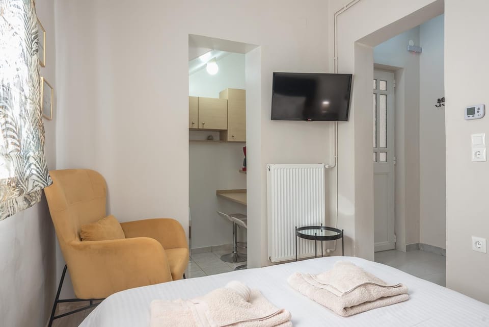 Bed, TV and multimedia, Kitchen or kitchenette, Photo of the whole room, Seating area, Bedroom, towels