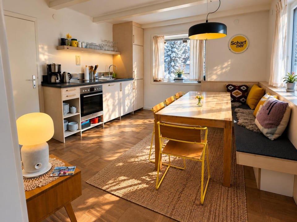 Dining area, oven, toaster, kitchen