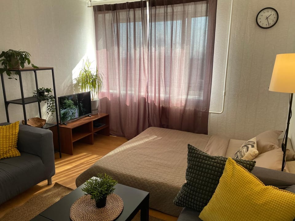 Bed, Living room, Seating area, Bedroom