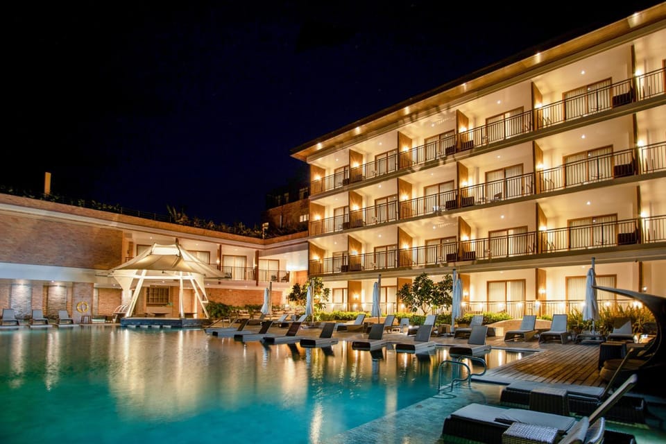 Property building, Night, Pool view, Swimming pool