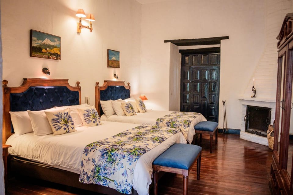 Bed, Photo of the whole room, Decorative detail, Garden view, fireplace, heating, wardrobe