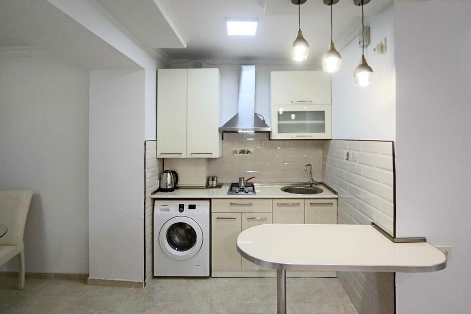 Kitchen or kitchenette, minibar, stove, washing machine, dryer