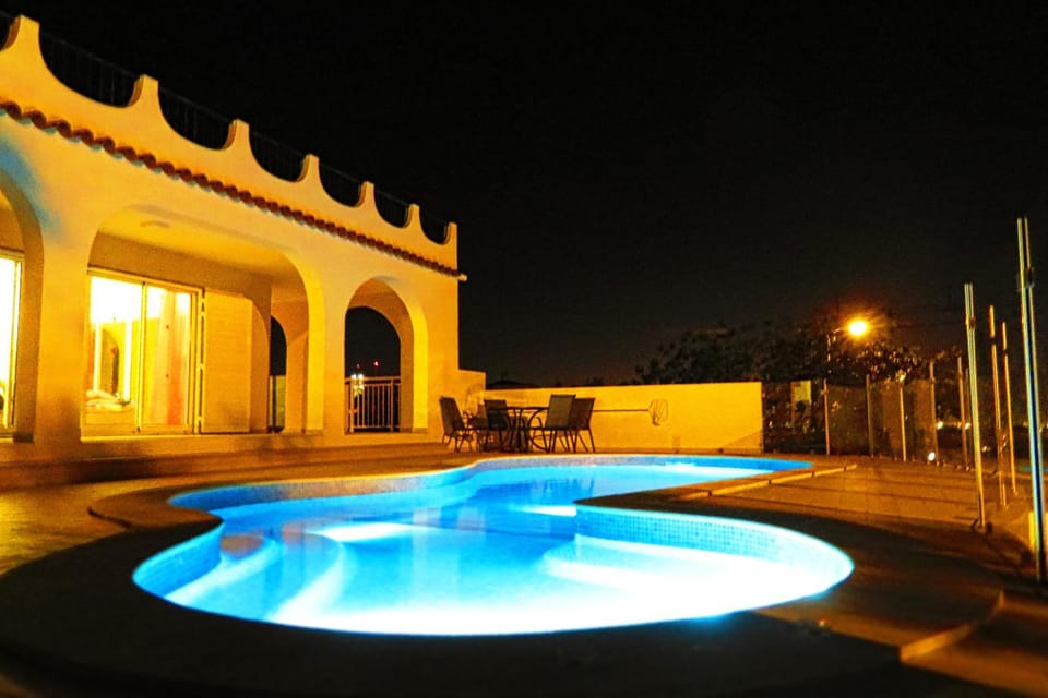 Night, City view, Swimming pool