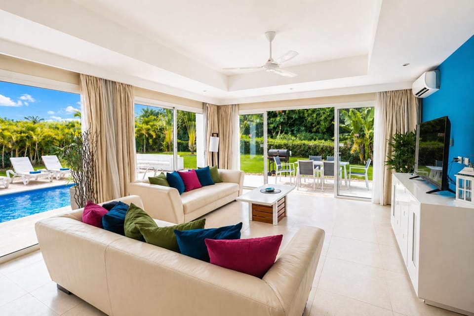 Living room, Seating area, Pool view