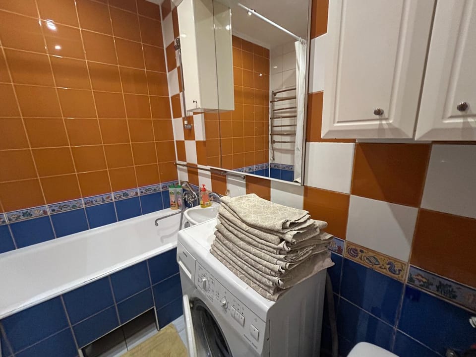 Bath, towels, washing machine