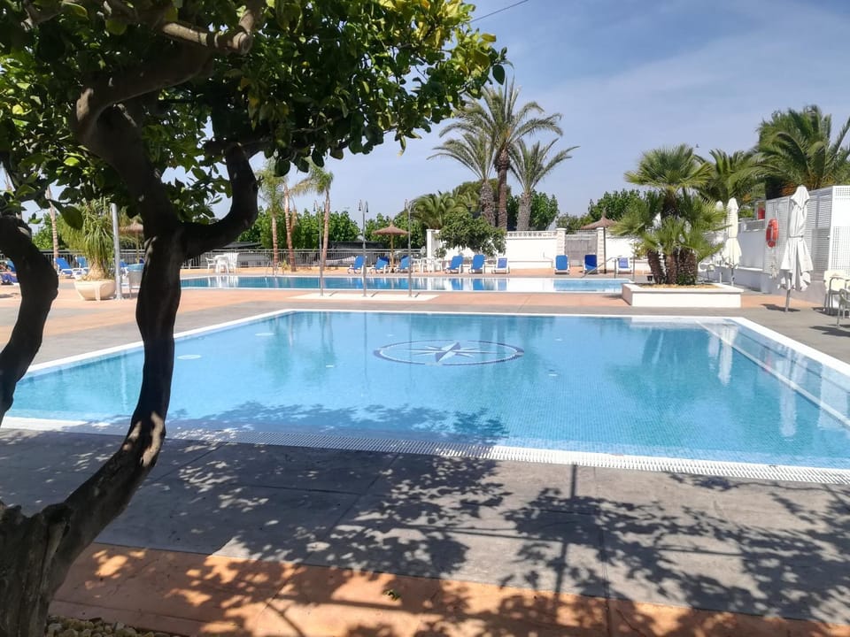 Swimming pool, sunbed