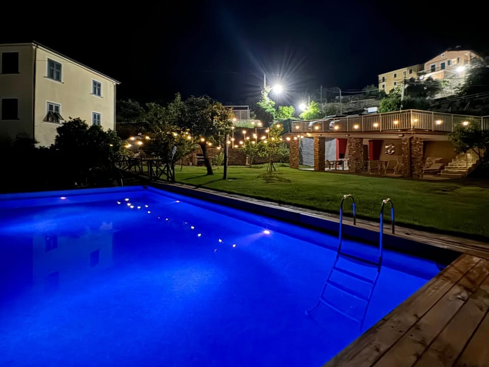 Property building, Night, Garden, Garden view, Pool view, Swimming pool