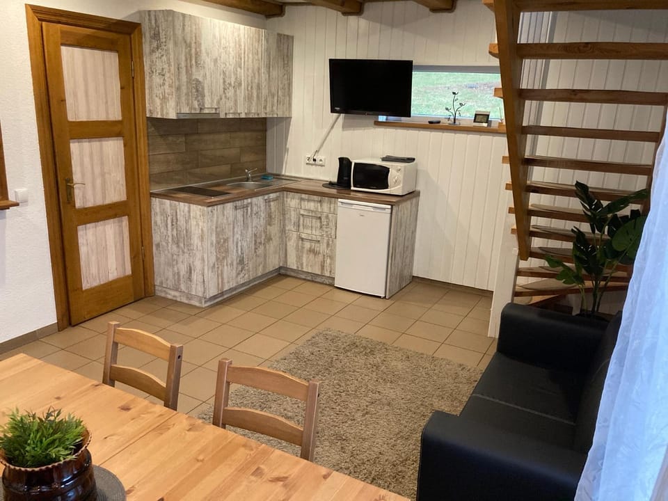 Kitchen or kitchenette, stove