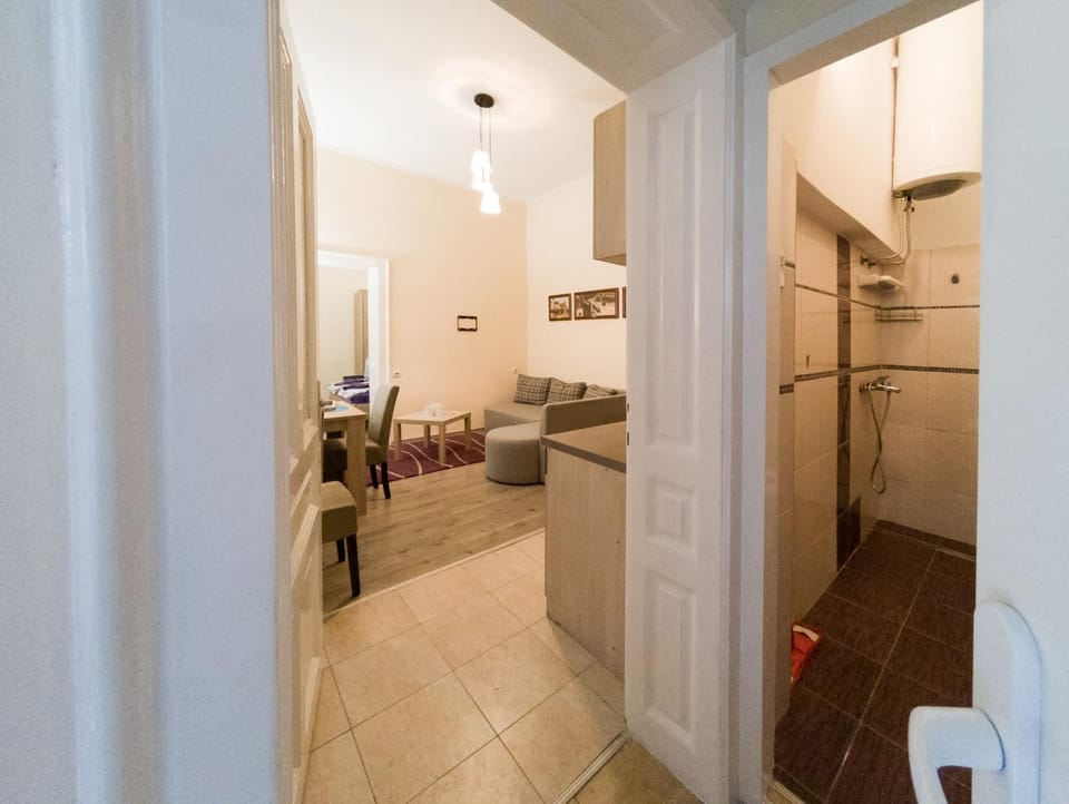 Shower, Toilet, Bed, Day, Winter, Bathroom, Kitchen or kitchenette, Living room, Seating area, Dining area, Bedroom