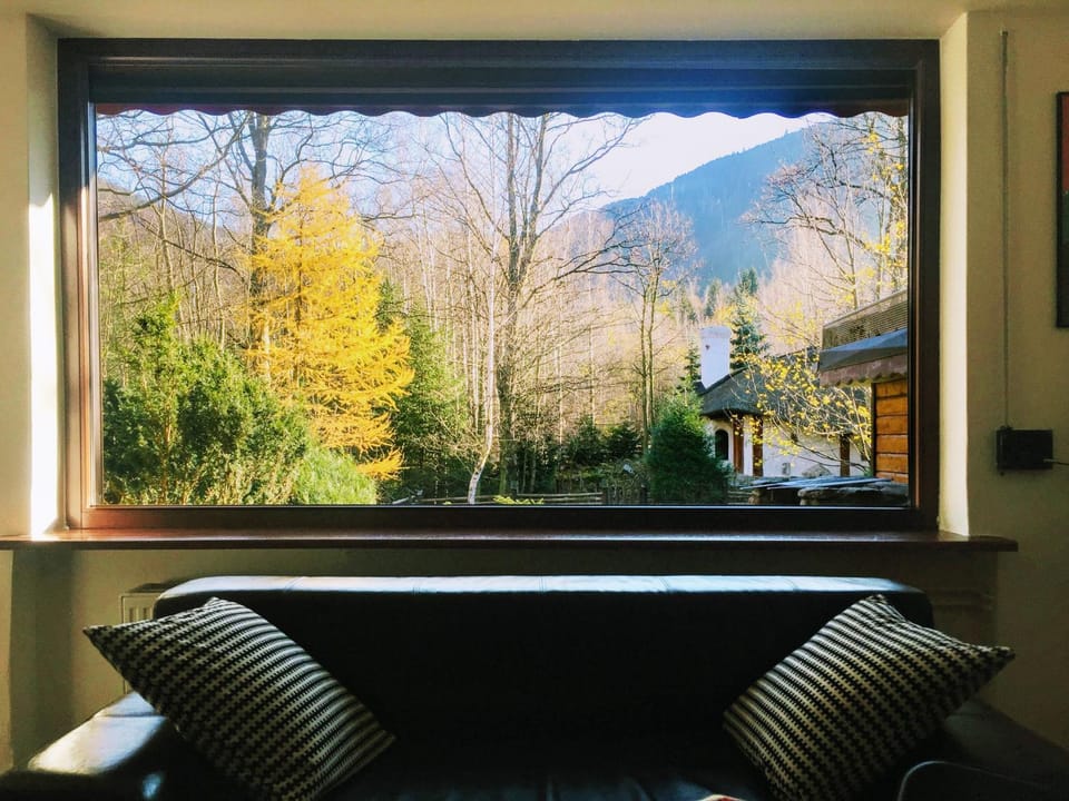 Natural landscape, Living room, Seating area, Autumn, Mountain view, Sunrise