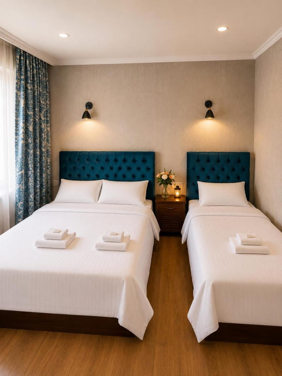 Bed, Photo of the whole room, towels, air conditioner