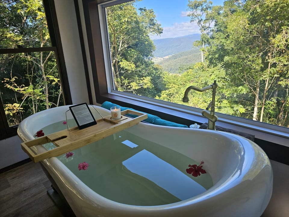Natural landscape, Bathroom, Mountain view, Bath