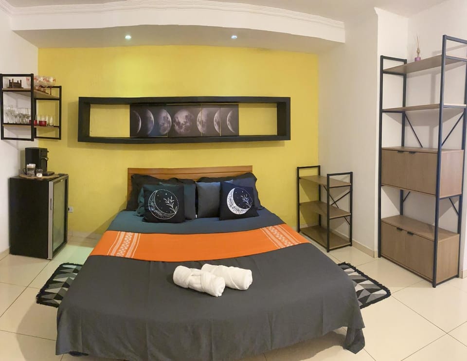 Bed, Coffee/tea facilities, Photo of the whole room, flat iron, locker, minibar, towels, air conditioner