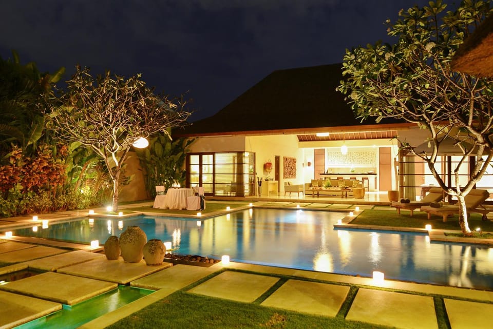 Property building, Night, Garden, Garden view, Pool view, Swimming pool