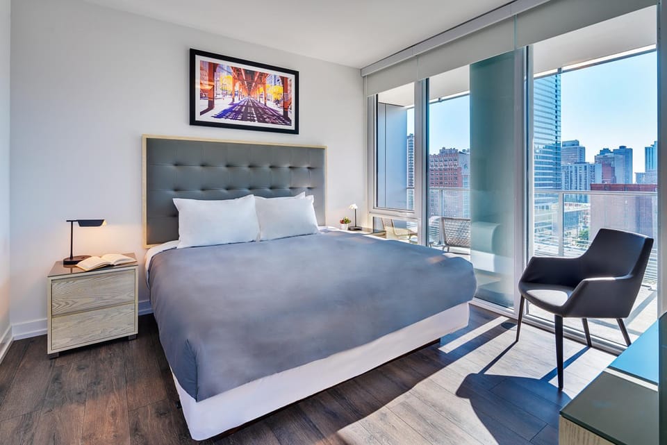 Bed, Bedroom, City view