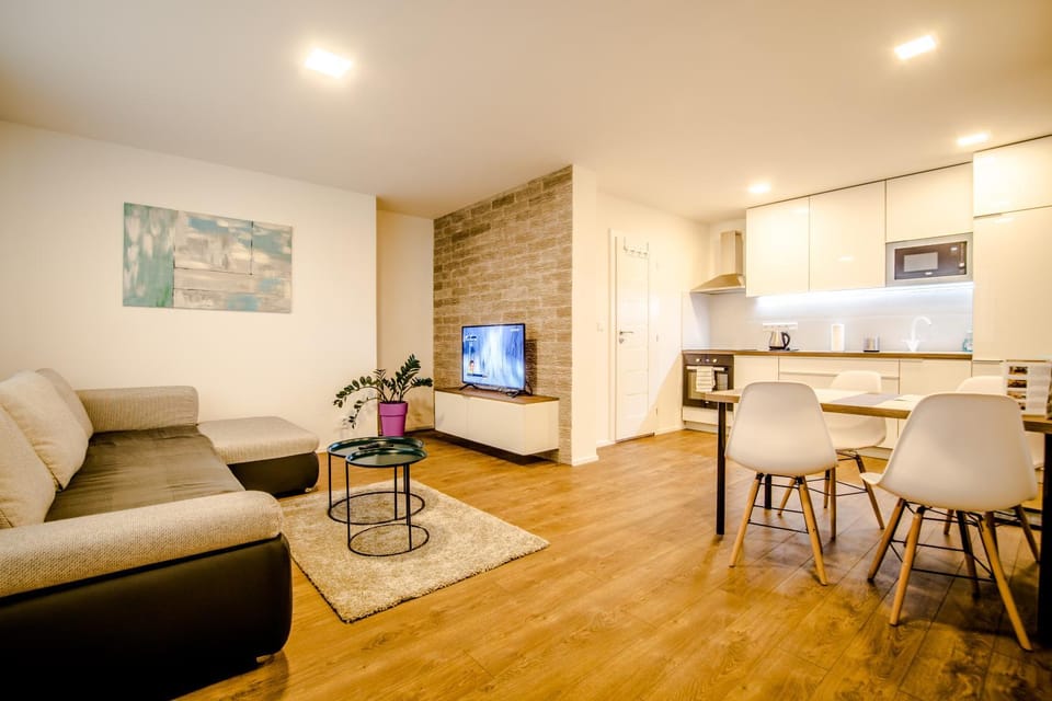 TV and multimedia, Kitchen or kitchenette, Living room, Photo of the whole room, Seating area, Dining area