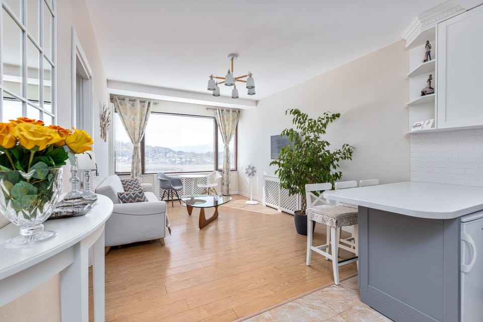 Kitchen or kitchenette, Living room, Seating area, Dining area