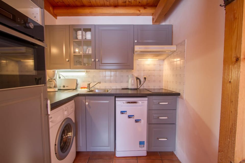 Kitchen or kitchenette, dishwasher, oven, stove, washing machine