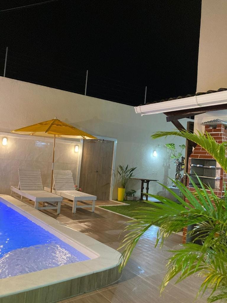 Patio, Night, Natural landscape, Pool view, Swimming pool, sunbed