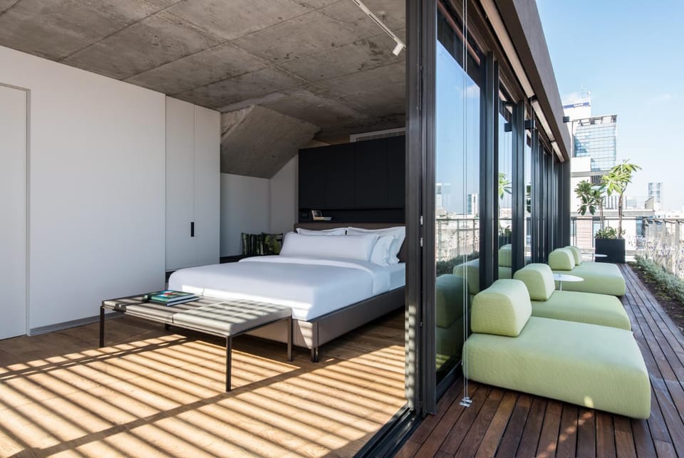 Patio, Bed, Seating area, Bedroom, City view