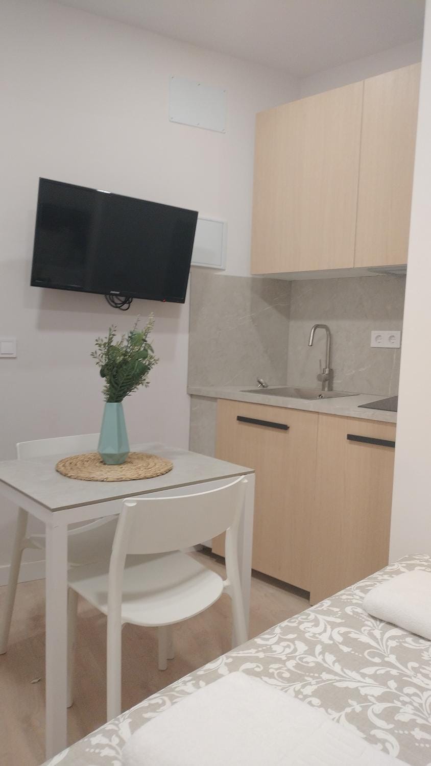 Bed, TV and multimedia, Kitchen or kitchenette, Photo of the whole room, Dining area, Bedroom