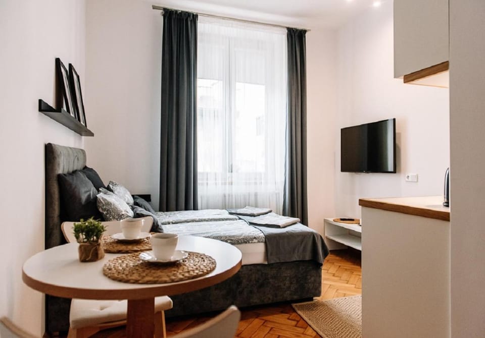 Bed, TV and multimedia, Kitchen or kitchenette, Seating area