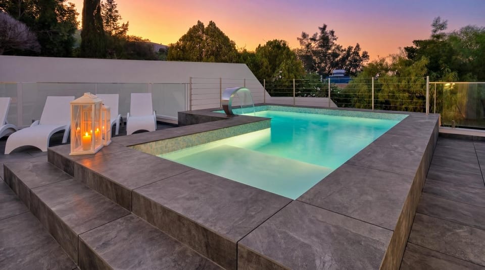 Patio, Day, Natural landscape, Pool view, Swimming pool, Sunrise, Sunset, sunbed