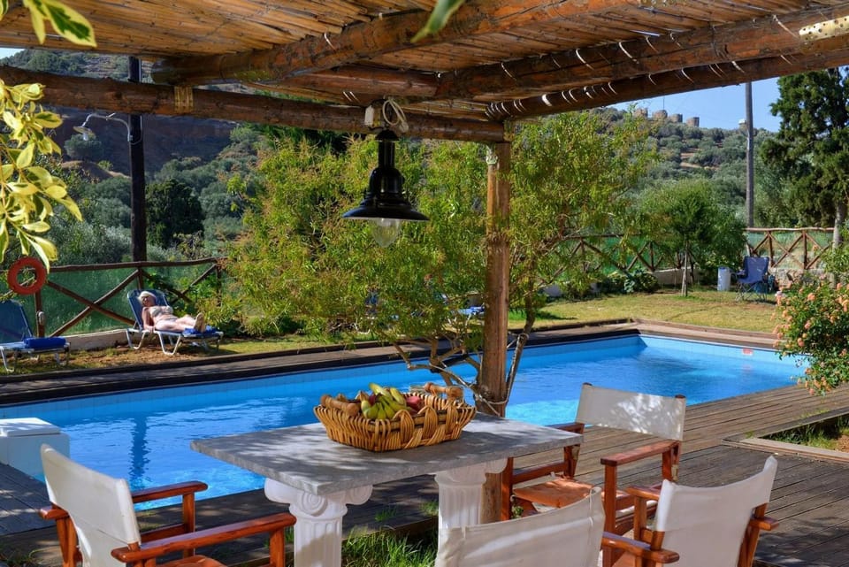 Patio, Spring, Day, Natural landscape, Garden, Dining area, Garden view, Pool view, Swimming pool, sunbed