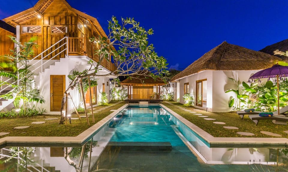 Property building, Night, Garden, Swimming pool