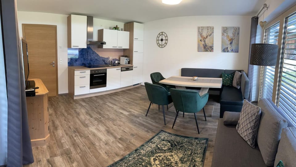 Kitchen or kitchenette, Living room, Seating area, Dining area, stove