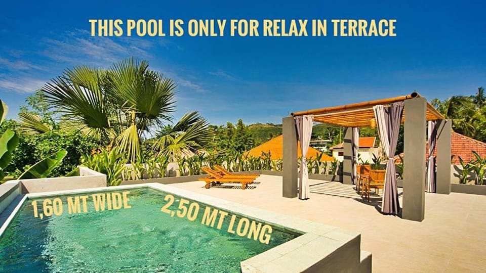 Balcony/Terrace, Text overlay, Pool view